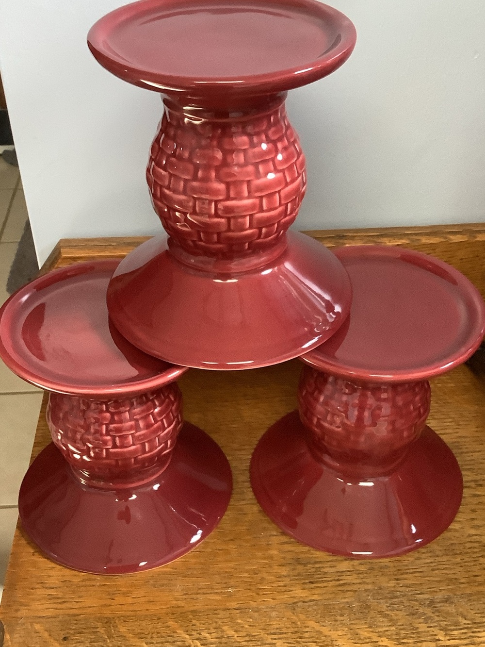 Longaberger Woven Traditional Paprika Ceramic Pedestal Candle Holders - Set of 3